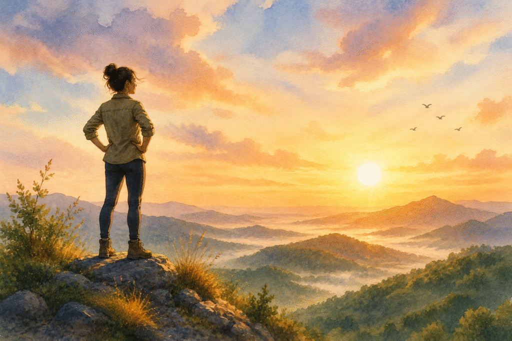 Person standing confidently on a hill at sunrise with a relaxed posture, representing self-confidence and personal growth.