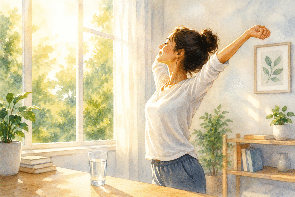 Person stretching near a sunlit window with a glass of water, beginning a healthy morning routine for better energy and well-being.