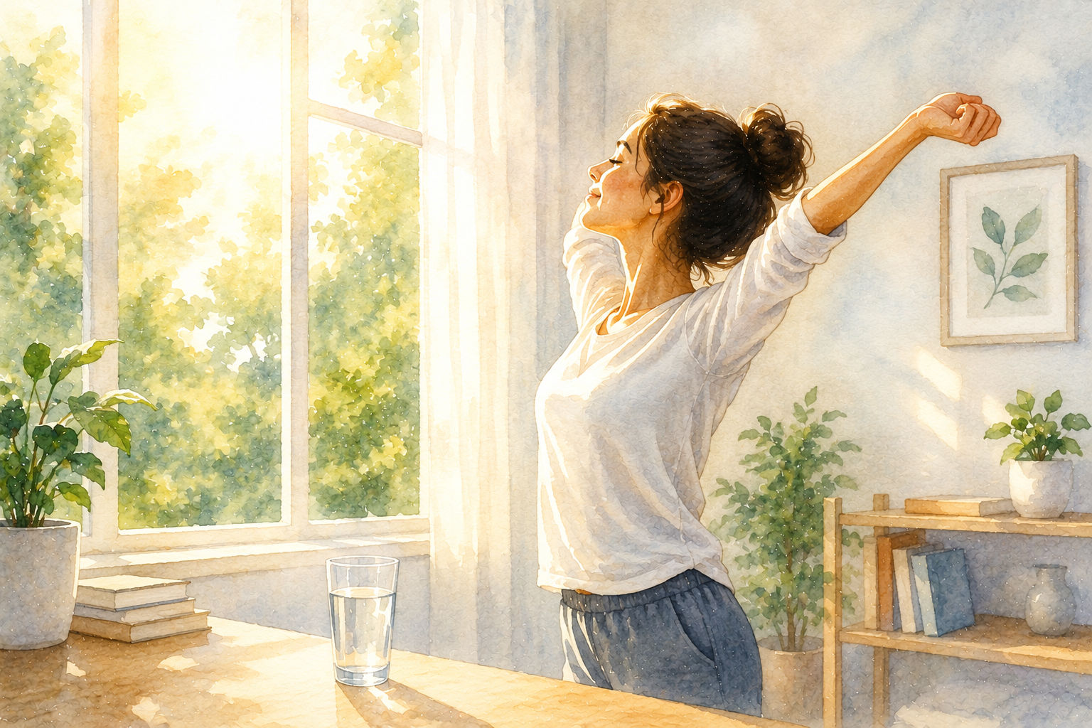 Person stretching near a sunlit window with a glass of water, beginning a healthy morning routine for better energy and well-being. 