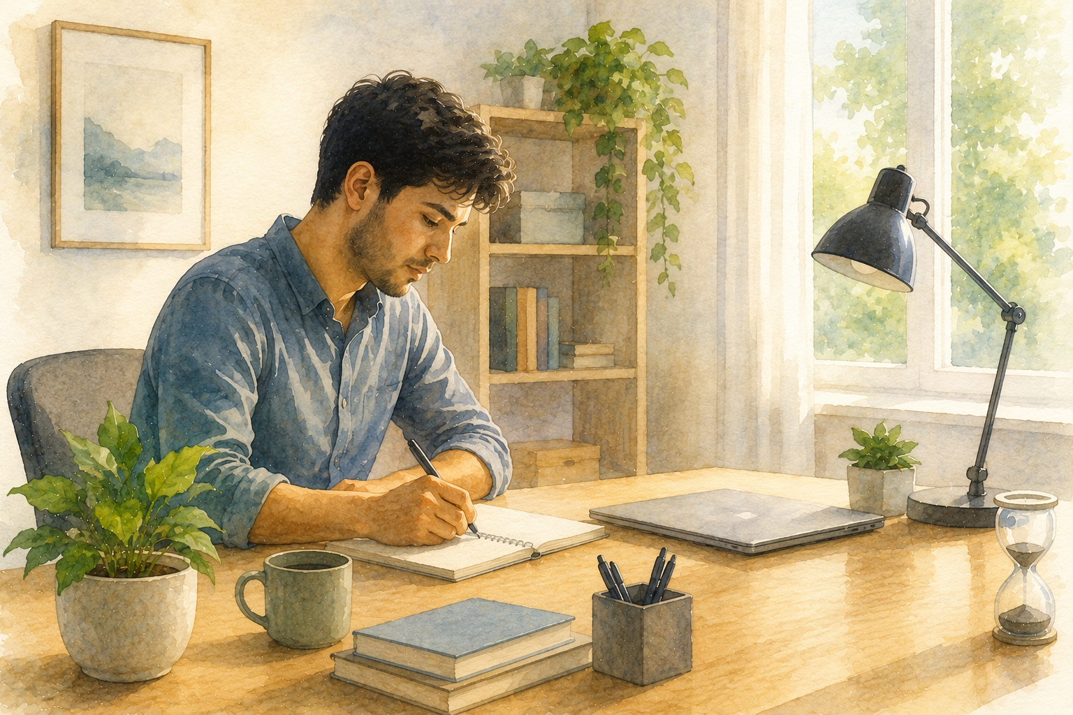 Person working with focused attention at an organized desk in a quiet, distraction-free environment to improve concentration. 