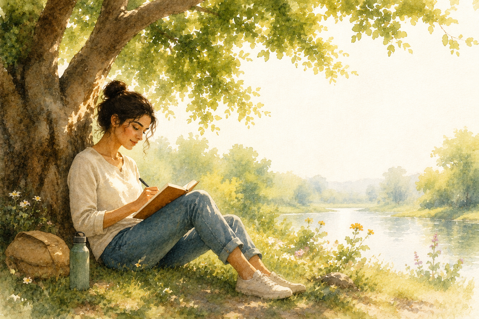 Person sitting peacefully under a tree, writing in a journal to manage negative thoughts and improve emotional well-being.