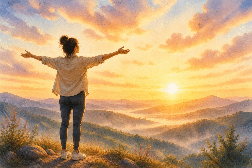Person standing calmly on a hill at sunrise with open arms, representing emotional strength, resilience, and a positive mindset.