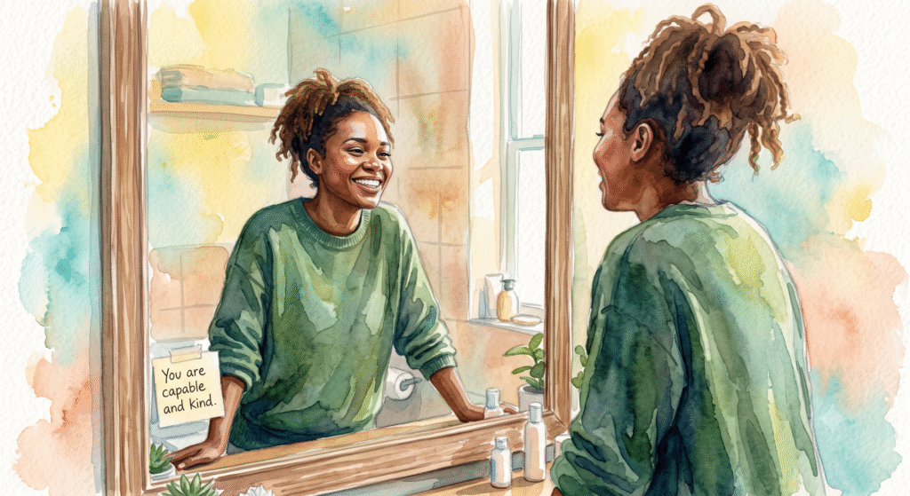 Person smiling confidently while looking into a mirror, representing positive self-talk, confidence, and emotional well-being.
