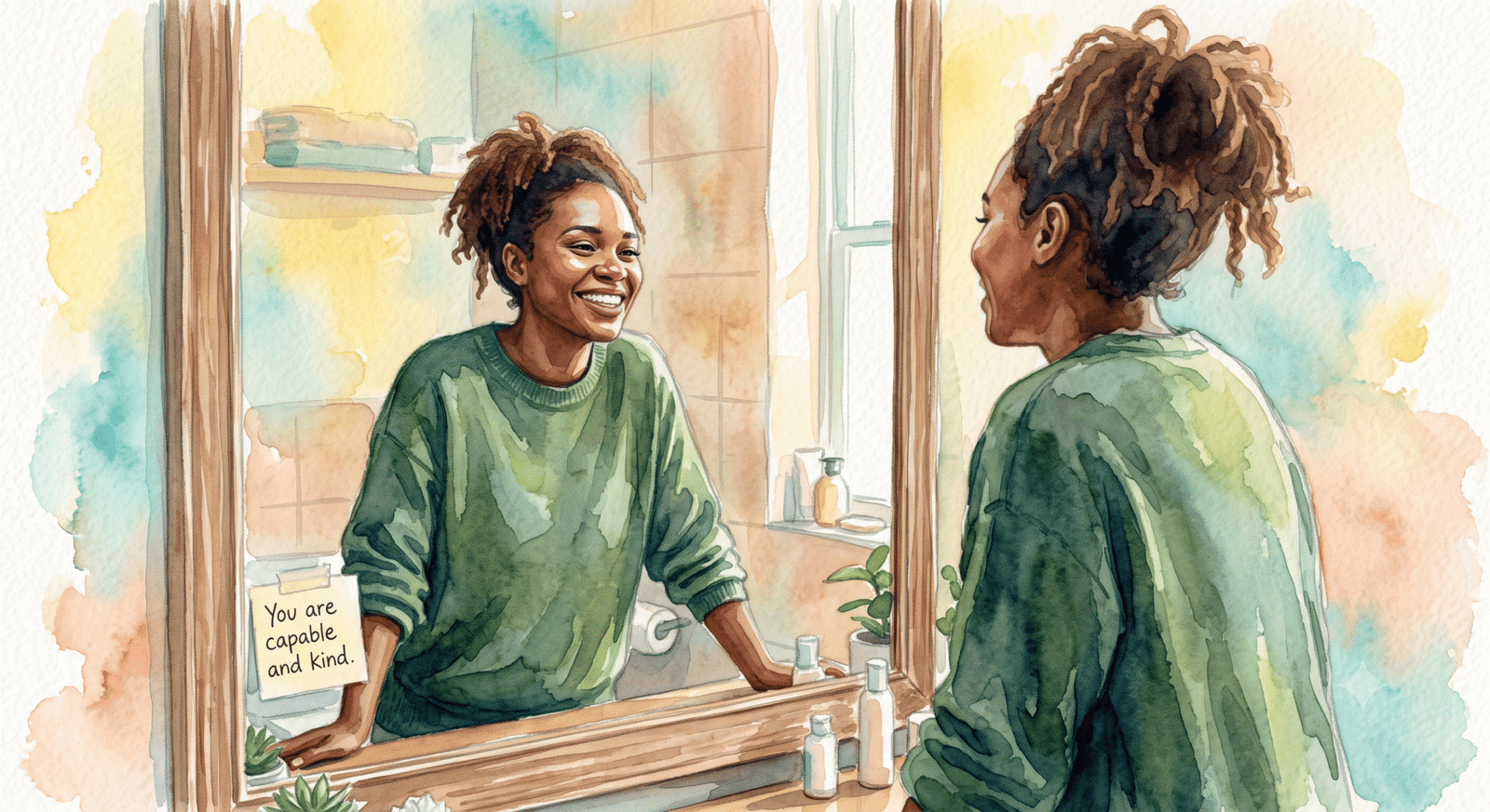 Person smiling confidently while looking into a mirror, representing positive self-talk, confidence, and emotional well-being. 