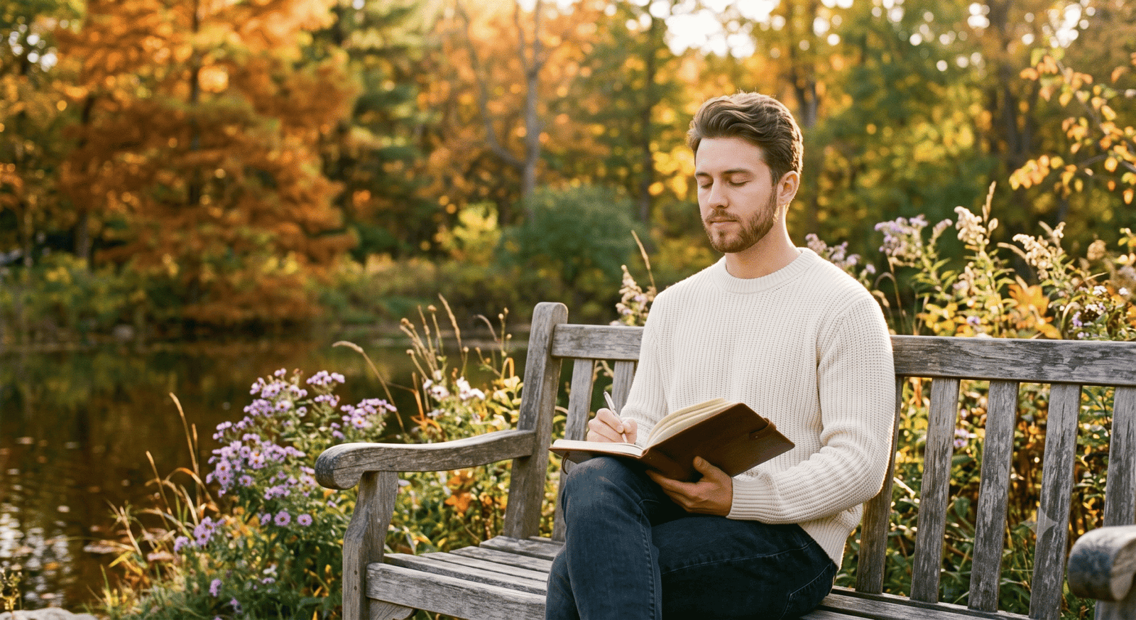 Person sitting peacefully on a park bench with a journal, practicing self-compassion and quiet self-reflection in nature.