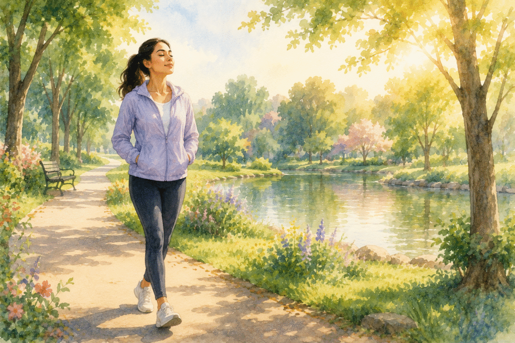 Person practising healthy coping skills by walking in a peaceful park while taking deep breaths to reduce stress.
