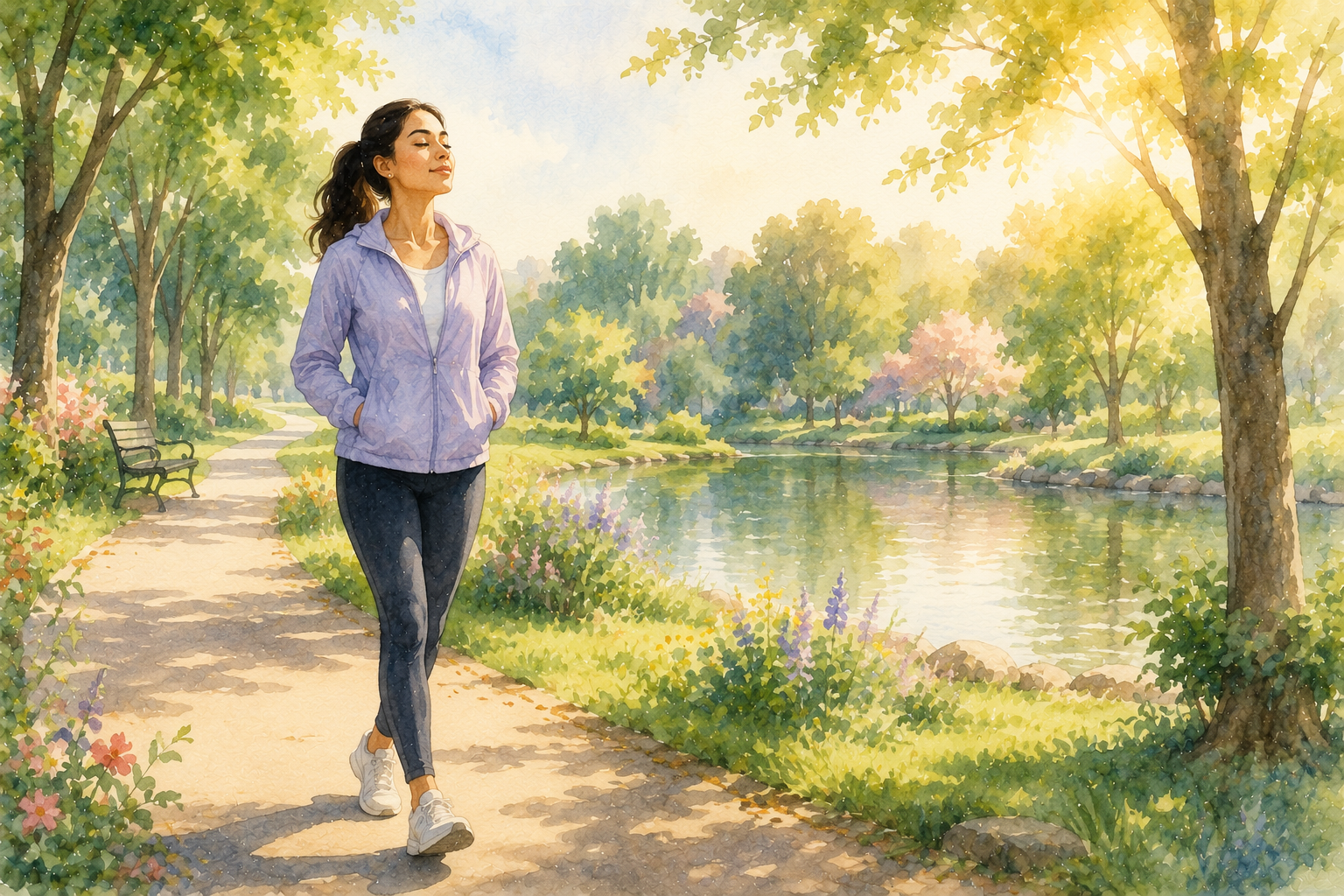 Person practising healthy coping skills by walking in a peaceful park while taking deep breaths to reduce stress. 