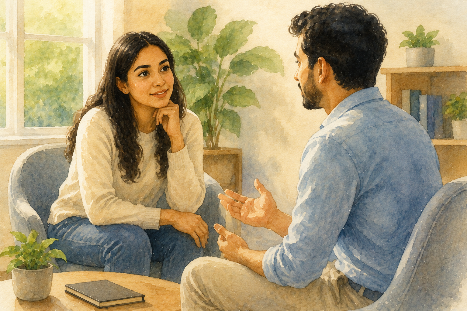 Two people having a meaningful conversation while practising active listening through eye contact and attentive body language. 