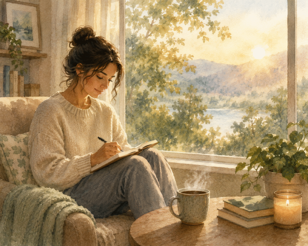 Person sitting quietly by a window, reflecting in a journal to improve emotional awareness and understand their feelings. 