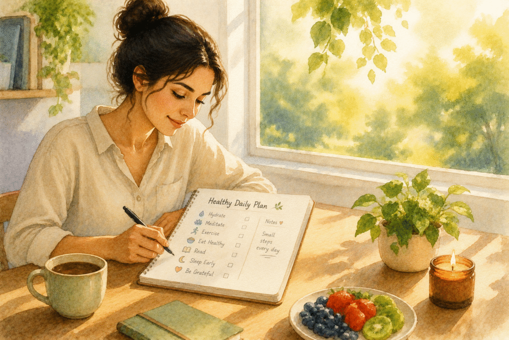 Person planning healthy daily routines using a notebook while enjoying a calm morning with coffee and natural sunlight.