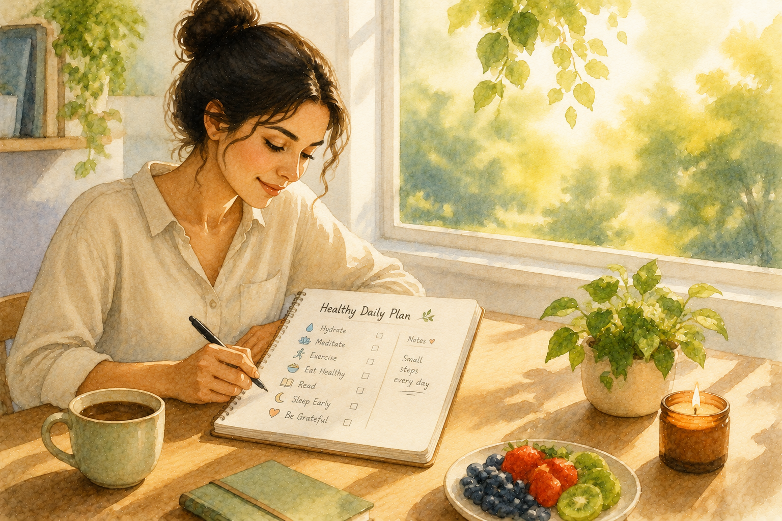 Person planning healthy daily routines using a notebook while enjoying a calm morning with coffee and natural sunlight. 