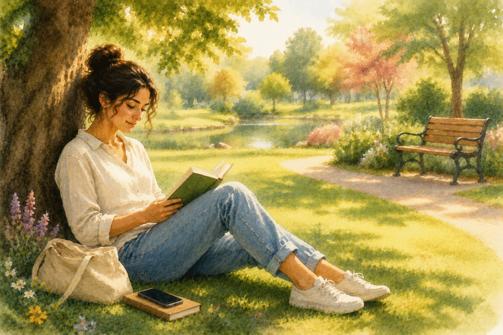 Person enjoying a peaceful afternoon in a park after a digital detox, reading a book with a smartphone switched off beside them. 