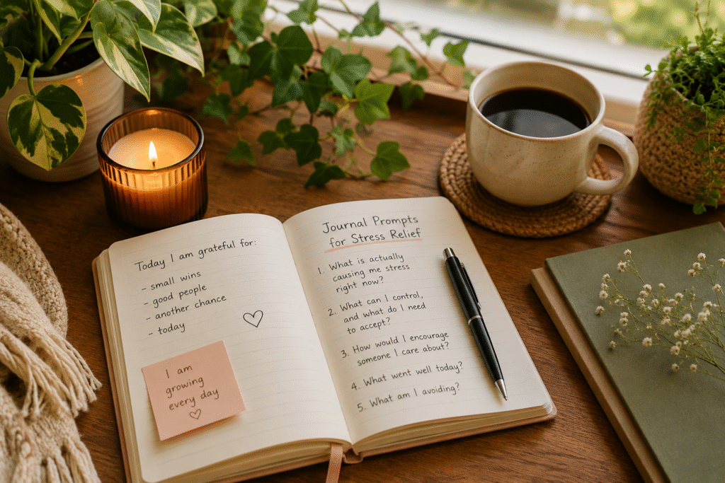 Journaling Prompts for Stress Relief – notebook with coffee, candle, and plants