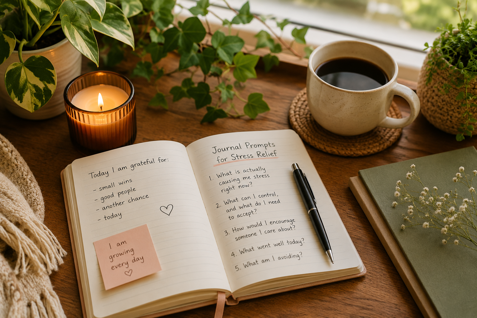 Journaling Prompts for Stress Relief – notebook with coffee, candle, and plants