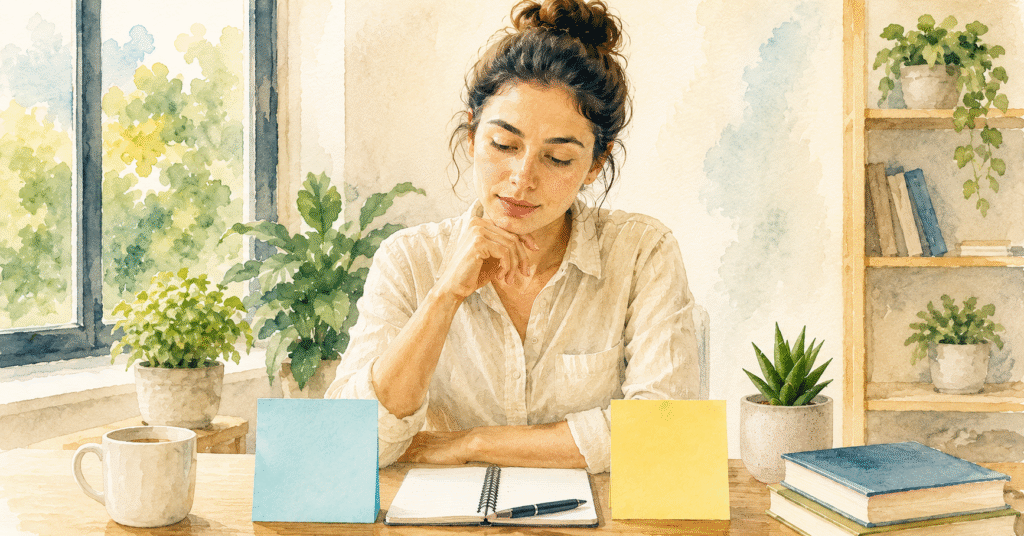 Person thoughtfully choosing between two simple options to reduce decision fatigue and improve mental clarity.