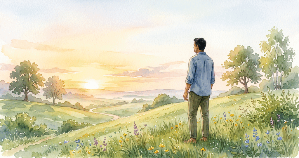 Person standing confidently at sunrise in nature, representing emotional resilience and inner strength.