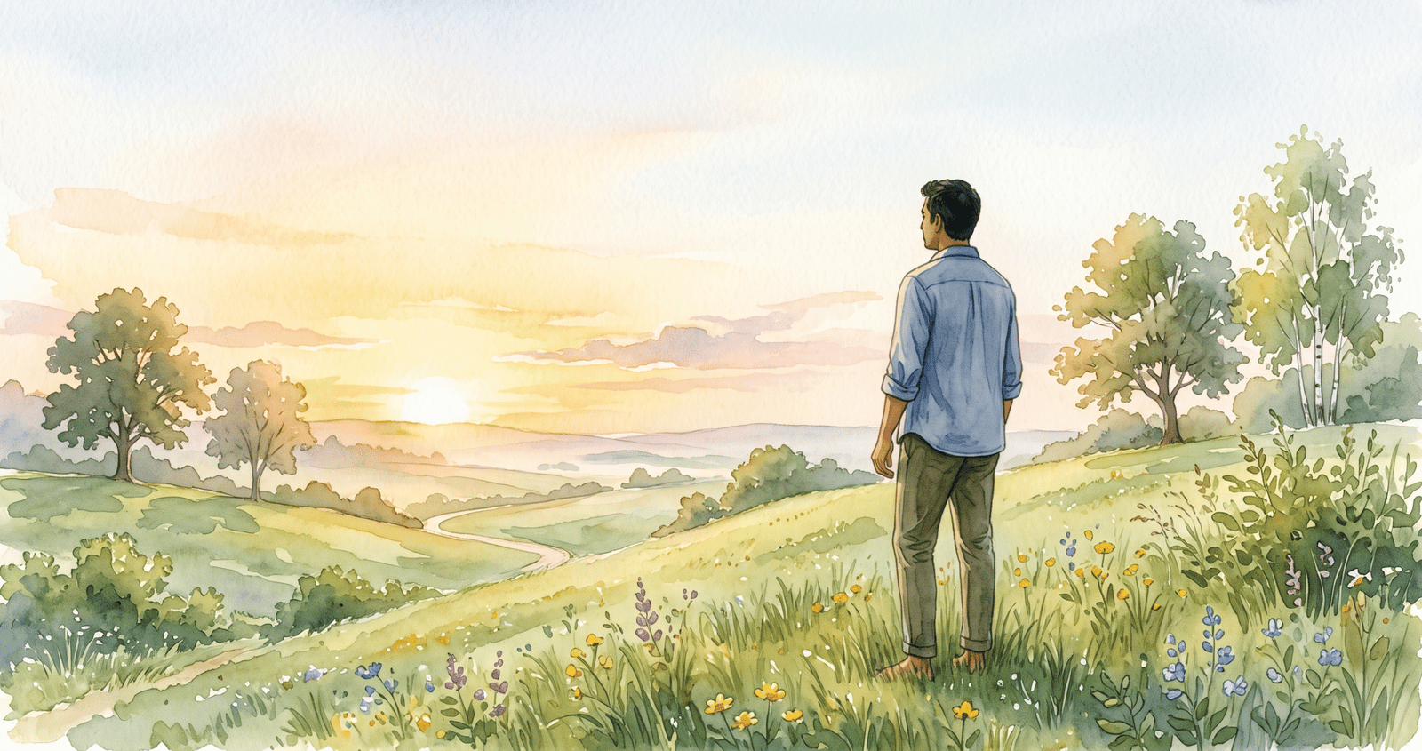 Person standing confidently at sunrise in nature, representing emotional resilience and inner strength.