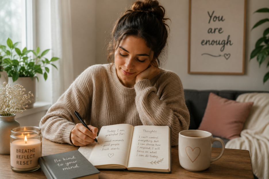 "Journaling in a notebook at home to relieve stress, surrounded by a candle, coffee, and plants"