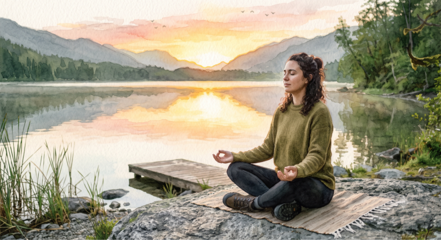 Person sitting peacefully beside a lake at sunrise, practicing mindfulness through quiet breathing and present-moment awareness.