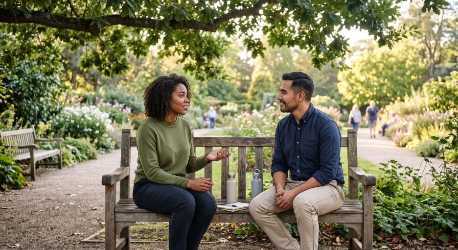 Two people having a calm and respectful conversation in a peaceful park, representing emotional intelligence and healthy communication.