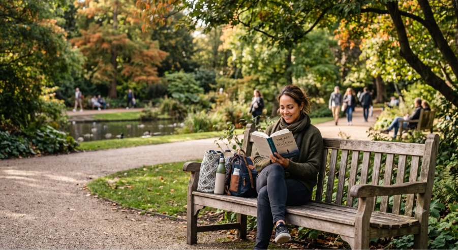 Person peacefully enjoying quiet time on a park bench while maintaining healthy boundaries and emotional well-being. 