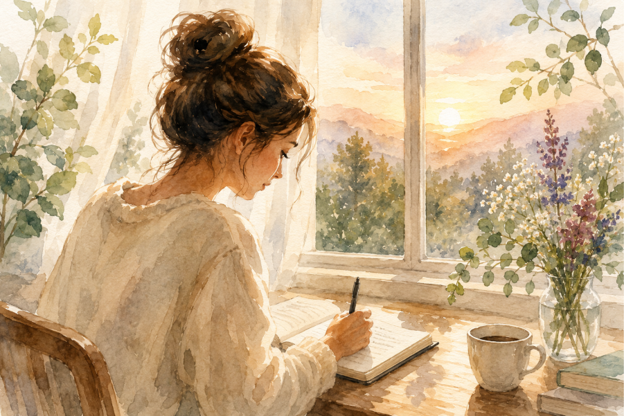 Person quietly journaling by a window at sunrise while practicing self-awareness and daily self-reflection.
