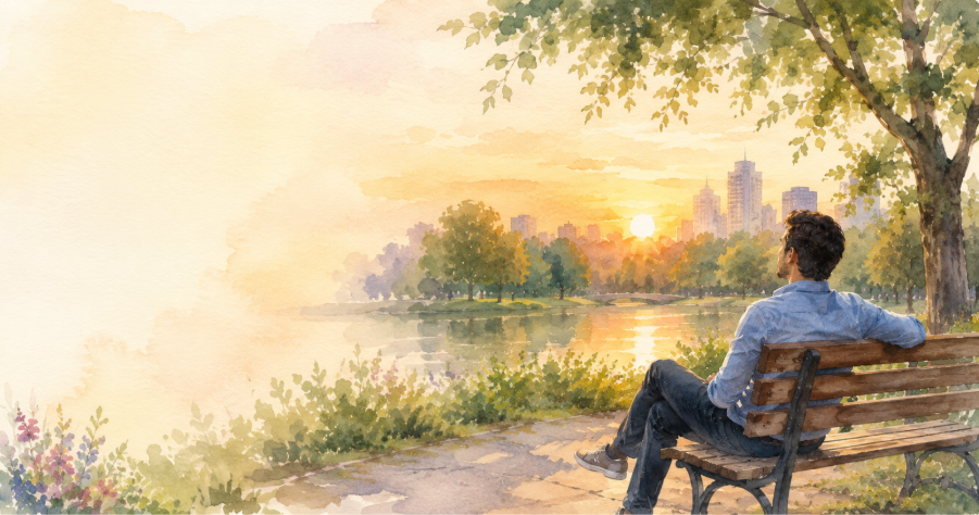 Professional relaxing in a peaceful park after work, representing healthy work-life balance and reduced daily stress. 