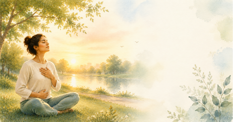 Person practicing deep breathing in a peaceful park during sunrise to support stress management and emotional well-being. 