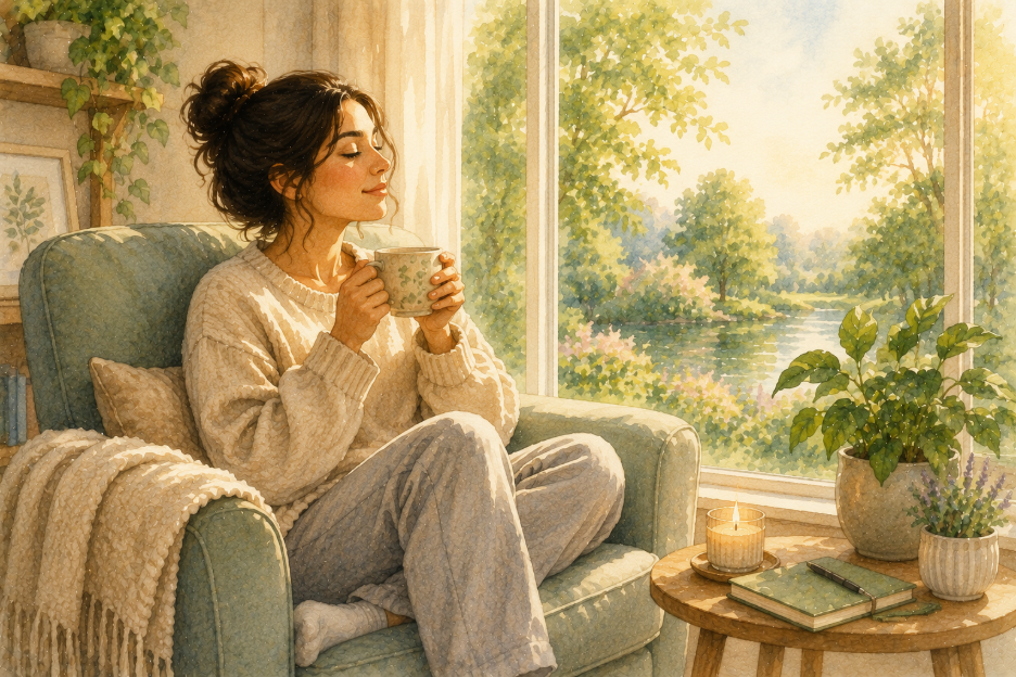 Person relaxing in a comfortable chair by a window with a cup of tea, taking a peaceful break to support mental well-being. 