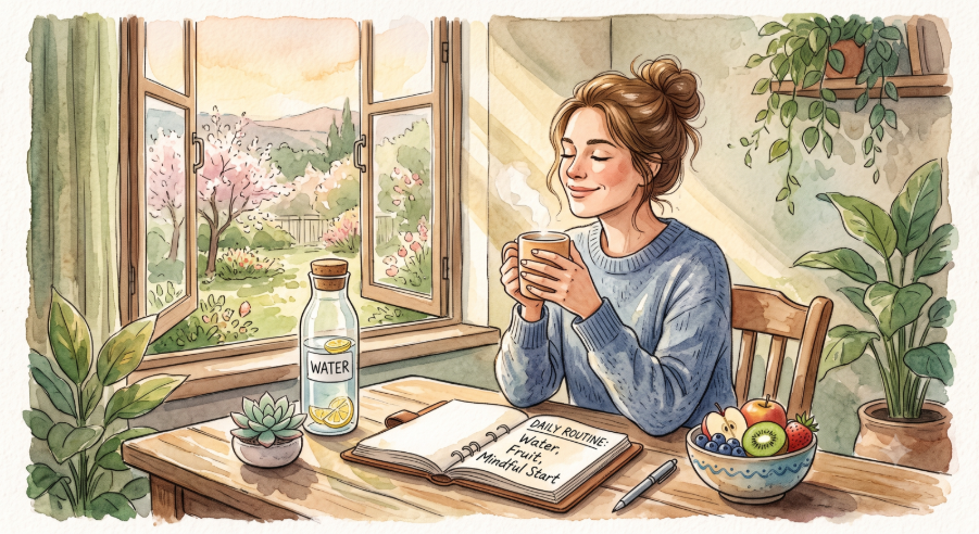 Person following a healthy daily routine with water, fruit, notebook, and morning sunlight representing healthy habits. 