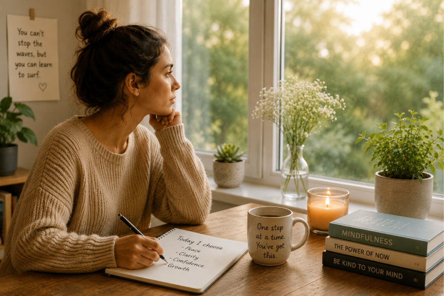 Alt Text (Recommended): Person journaling by a window to stop overthinking, reduce stress, and improve mental clarity.