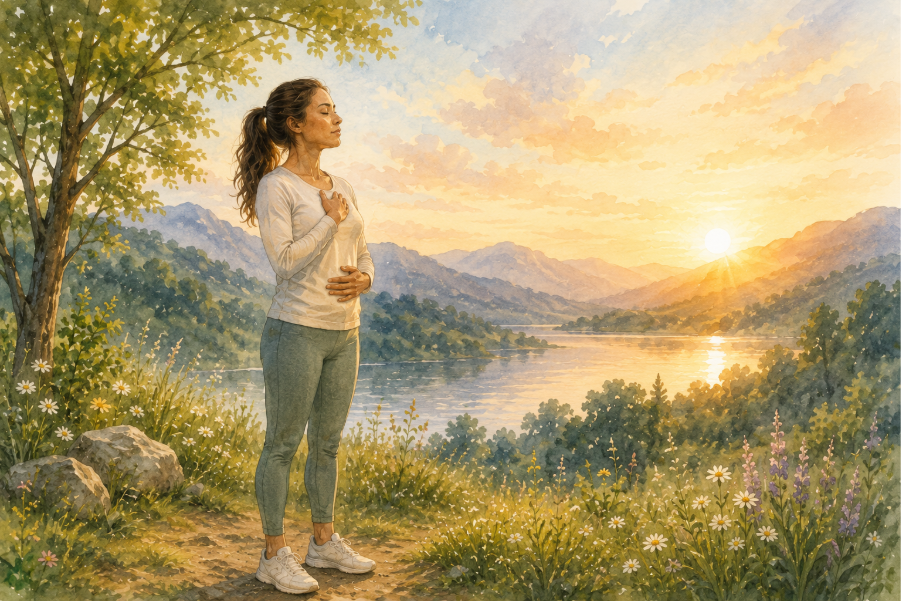 Person practicing grounding techniques for anxiety outdoors during sunrise to reduce stress and stay present.