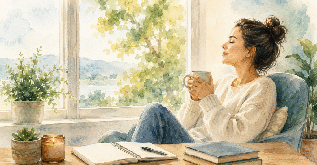 Person relaxing by a sunlit window with a cup of tea to recover from mental fatigue and restore focus naturally.