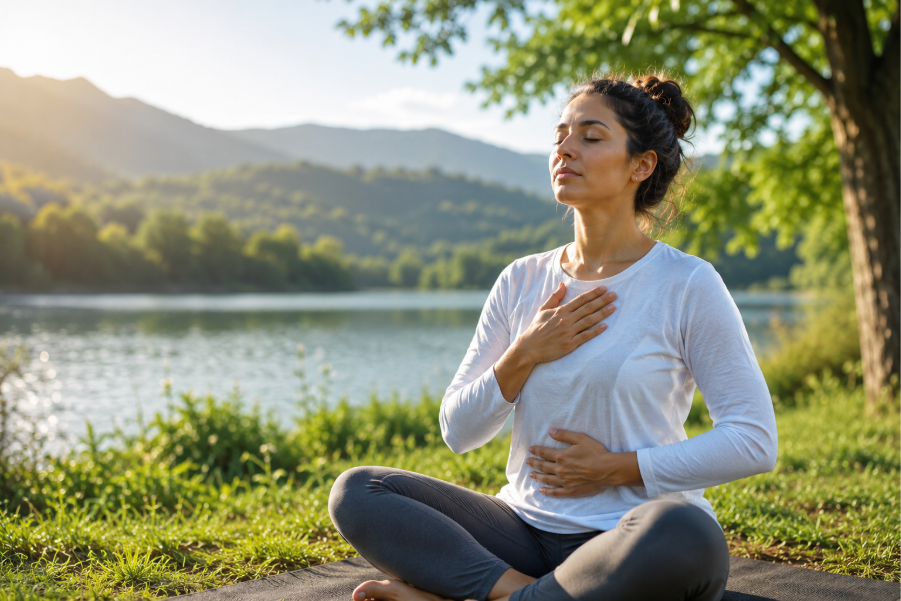 Person practicing mindful breathing outdoors to support nervous system regulation and reduce daily stress.