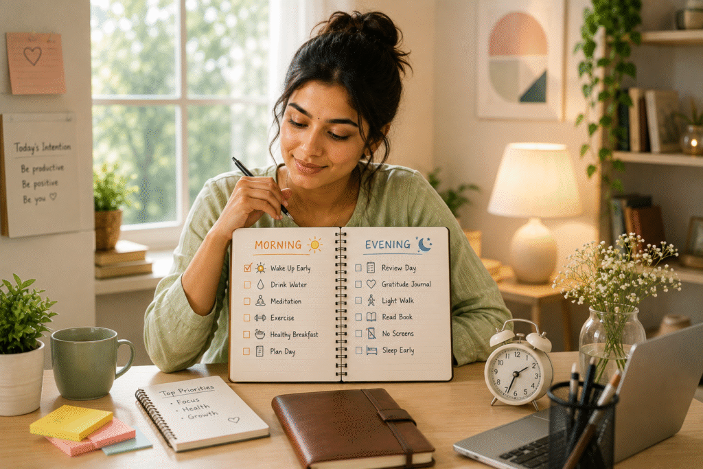 Person comparing morning and evening routines while planning daily activities for better productivity and balance.