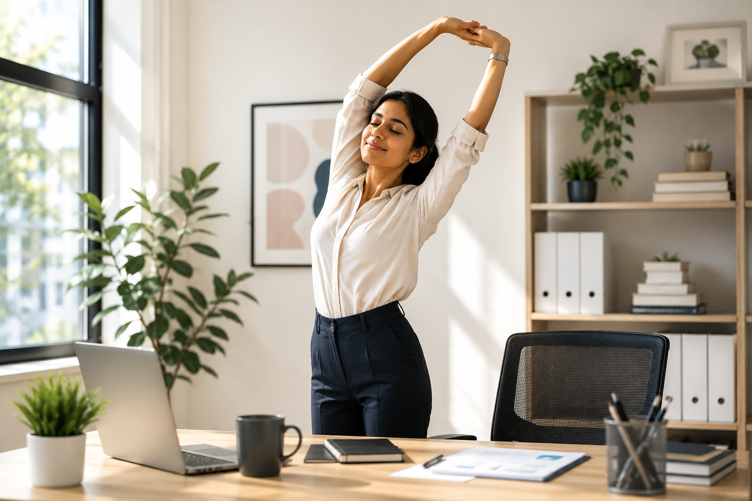 Professional taking a short break by stretching beside a desk in a bright office to improve productivity and reduce stress. 