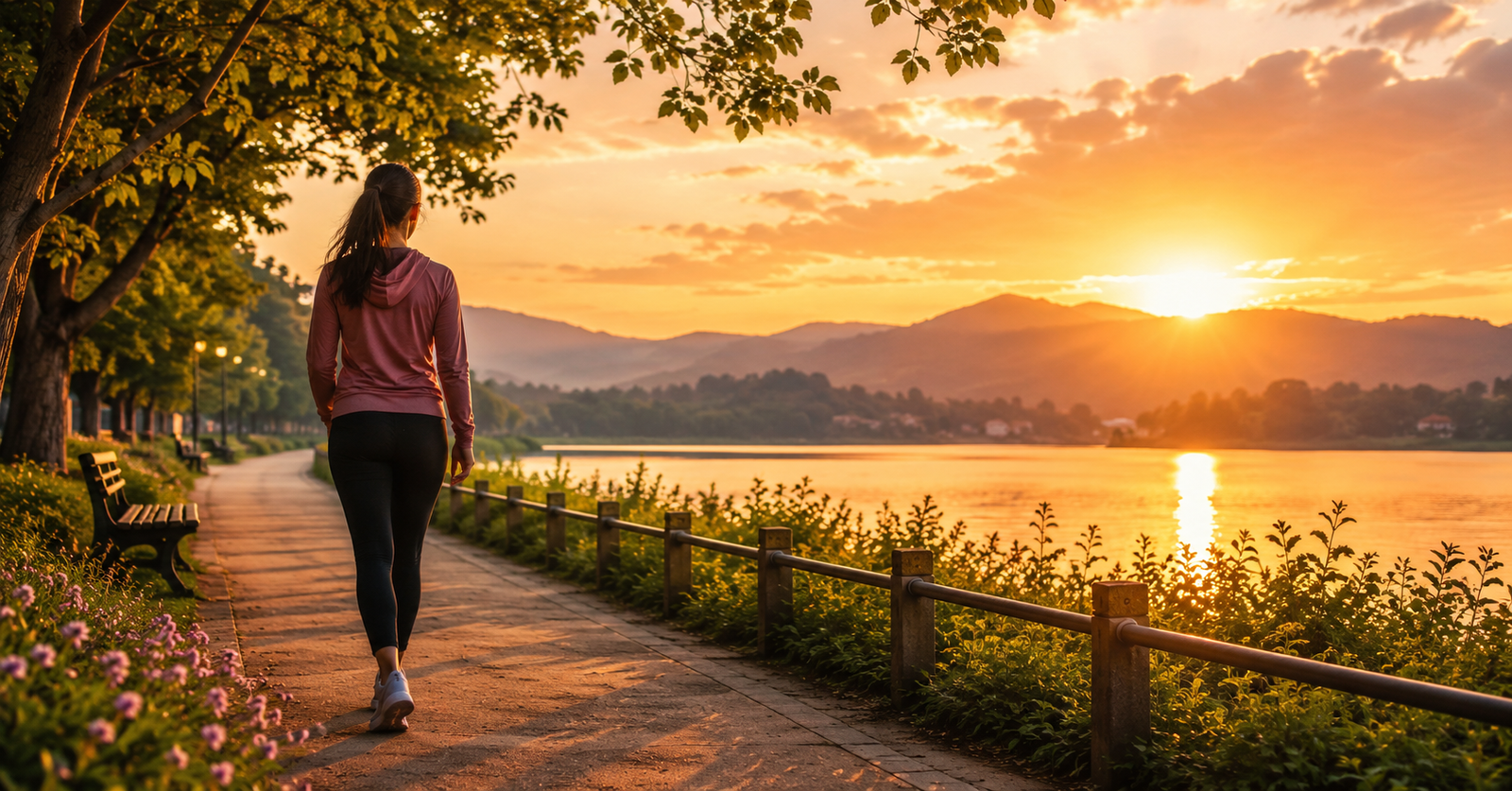 Person enjoying a peaceful sunrise walk while practising healthy daily habits that support happiness and emotional well-being. Science of Happiness.