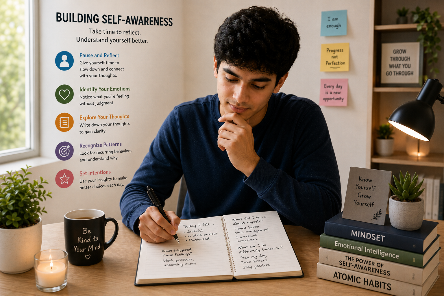 Young adult reflecting on personal thoughts and emotions to build self-awareness 