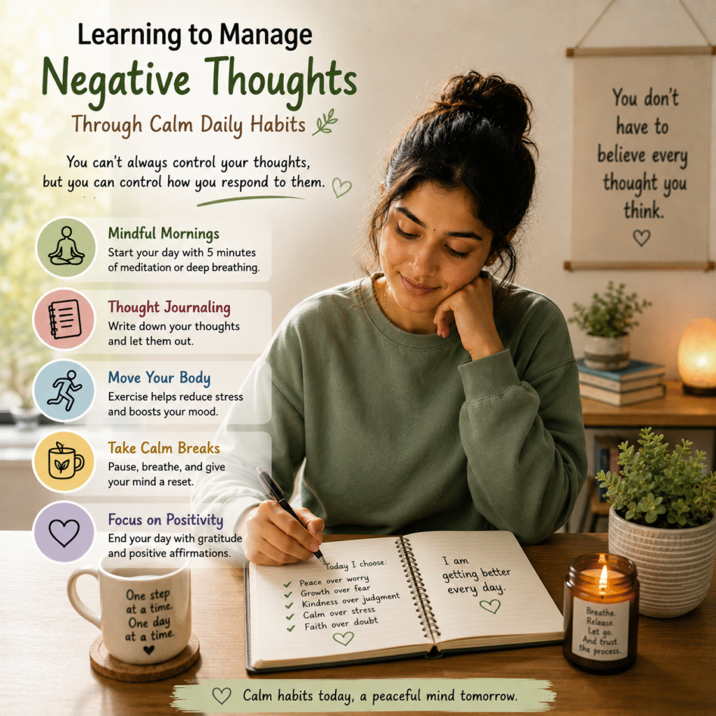 Person learning to manage negative thoughts through calm daily habits