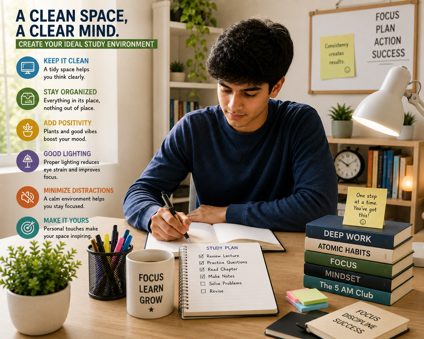Student creating a clean and organized study environment