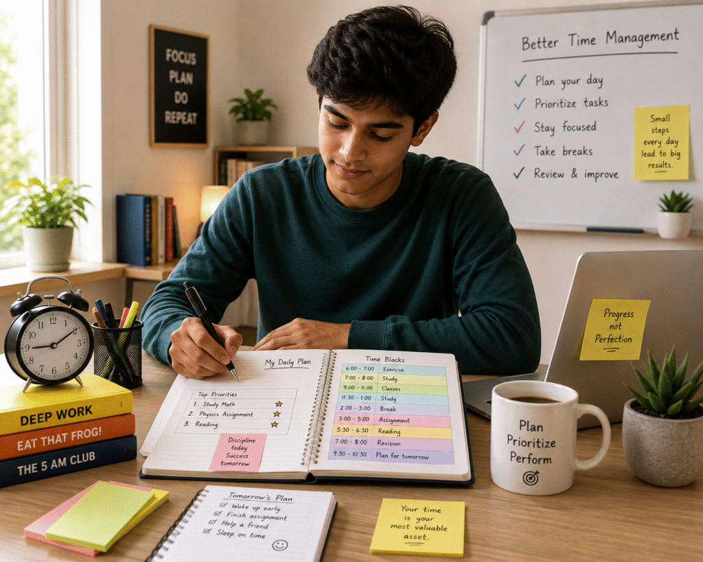 Student organizing daily tasks with better time management habits