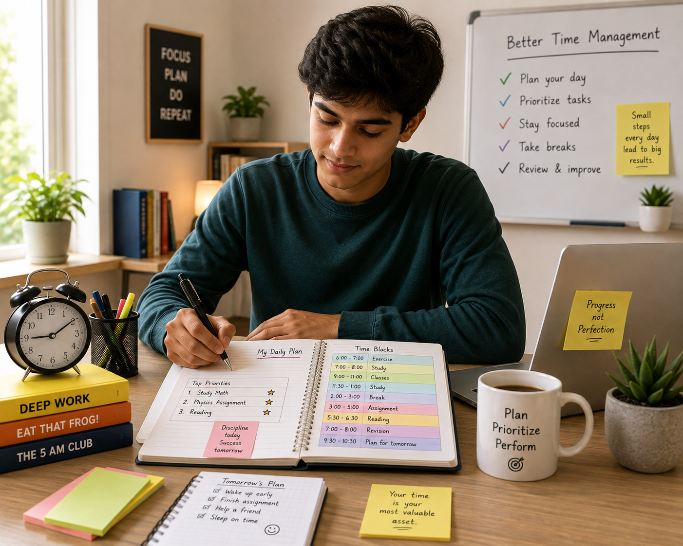 Student organizing daily tasks with better time management habits