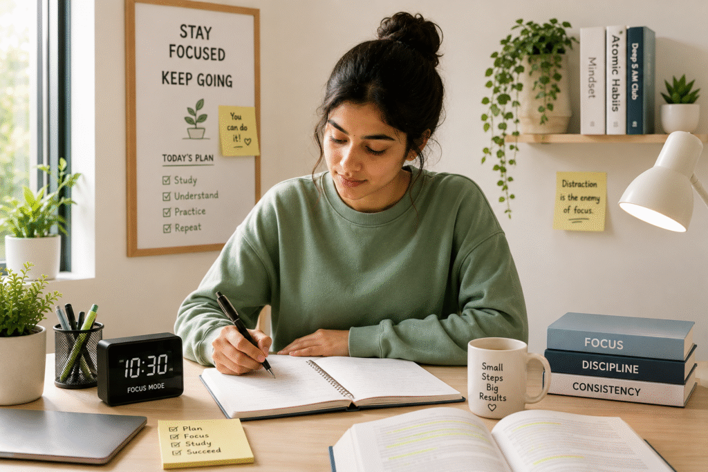 Student improving focus while studying at a clean desk