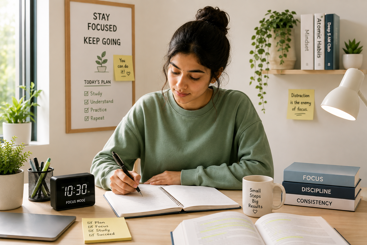 Student improving focus while studying at a clean desk 