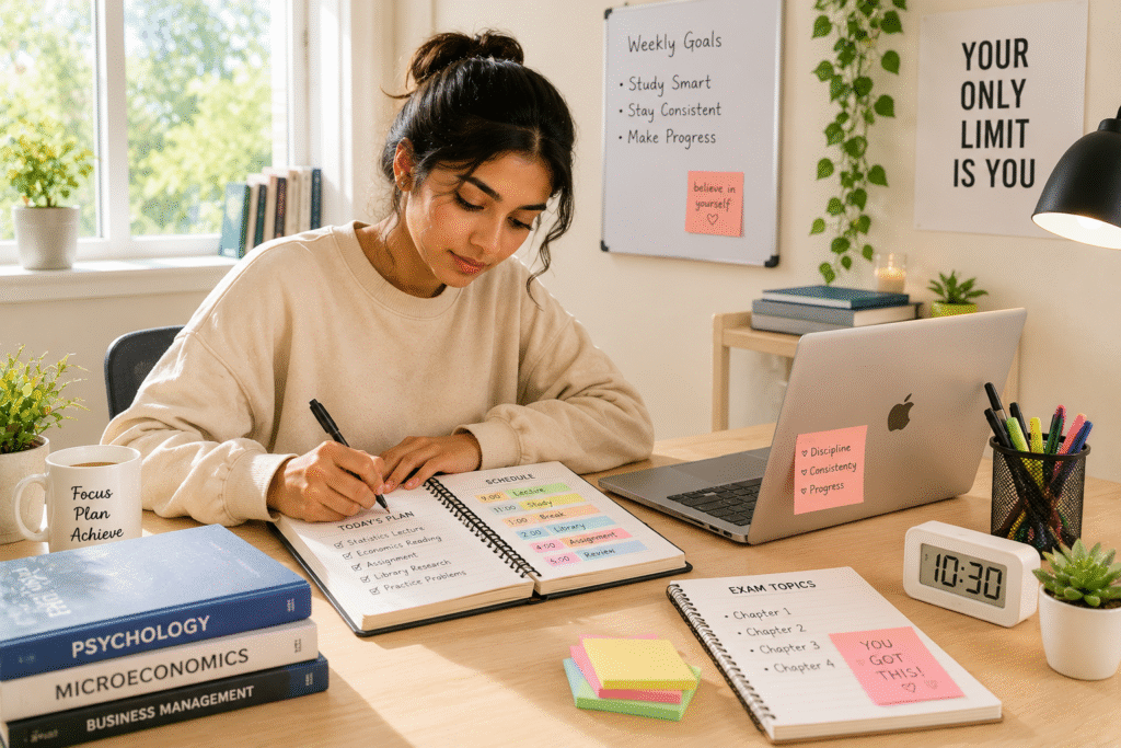 College student studying with a planner and laptop in a bright, organized workspace, demonstrating productive daily study habits. 