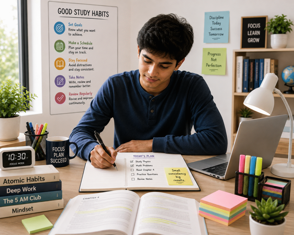 Student developing better study habits at a clean organized desk