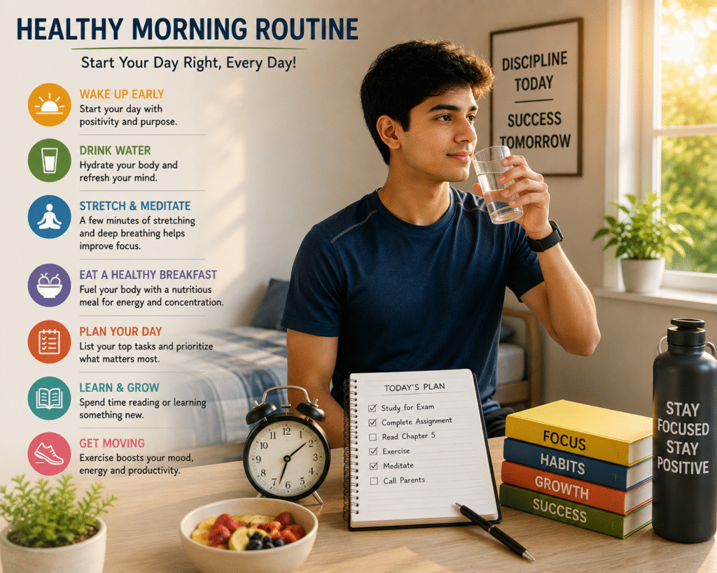 Student following a healthy morning routine before starting the day