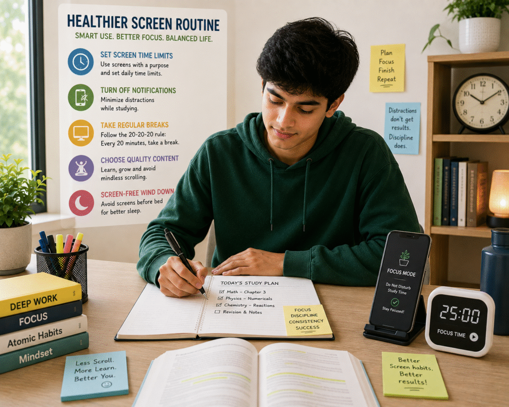 Student creating a healthier screen routine while studying