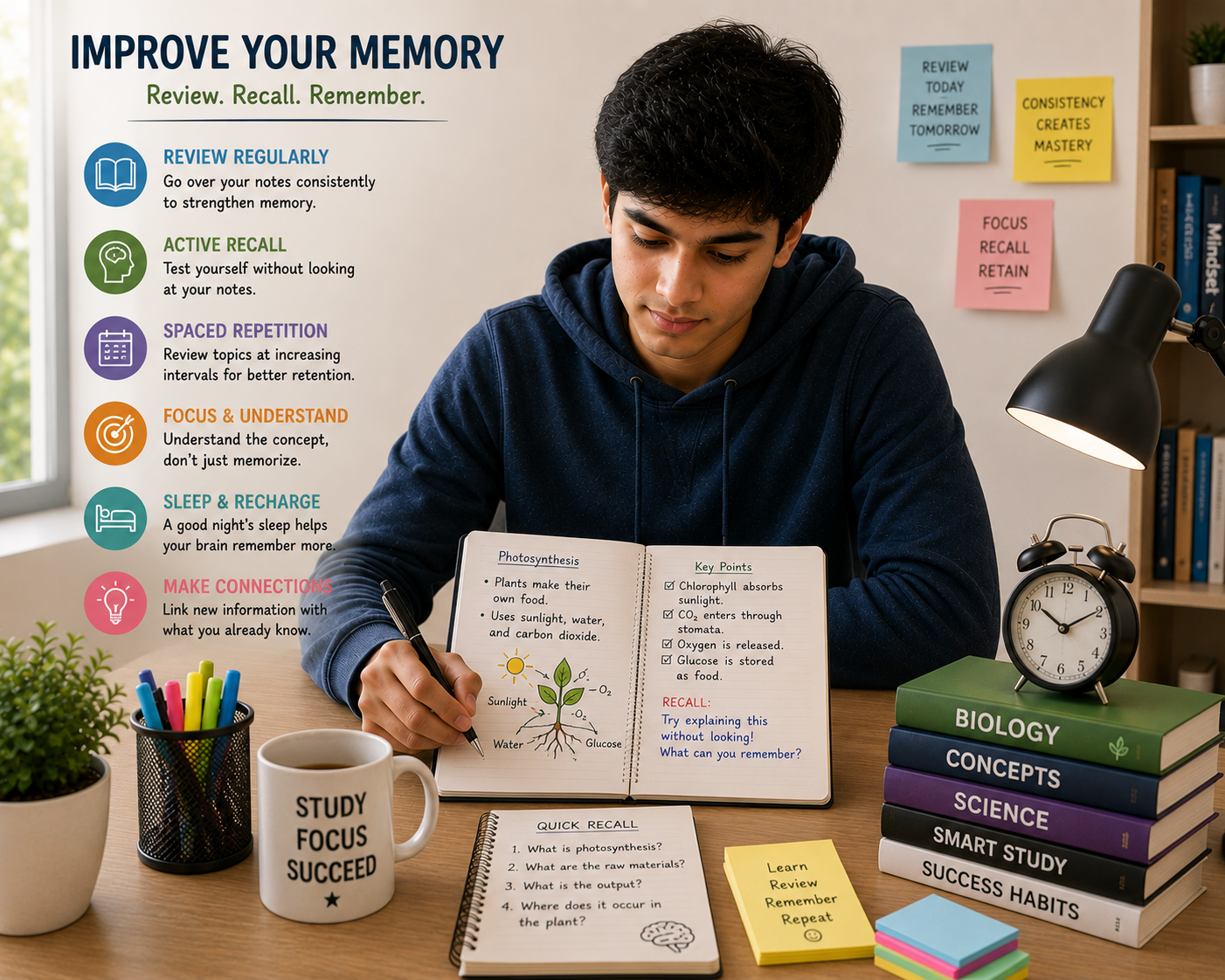 Student improving memory by reviewing study notes 