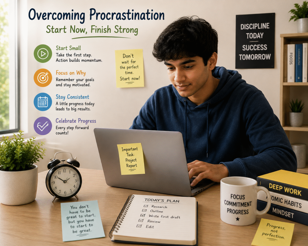 Student overcoming procrastination by starting an important task